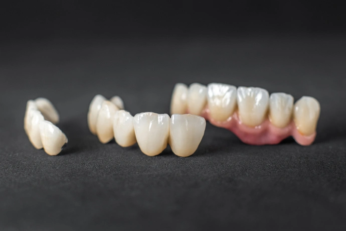 Dental crown and bridge prosthetics displayed on dark background showing tooth restoration options.