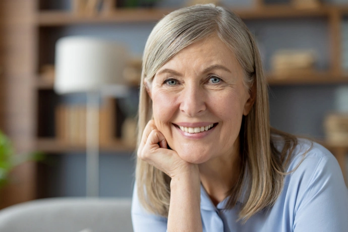 Professional woman smiling at camera in dental office with shelving background.