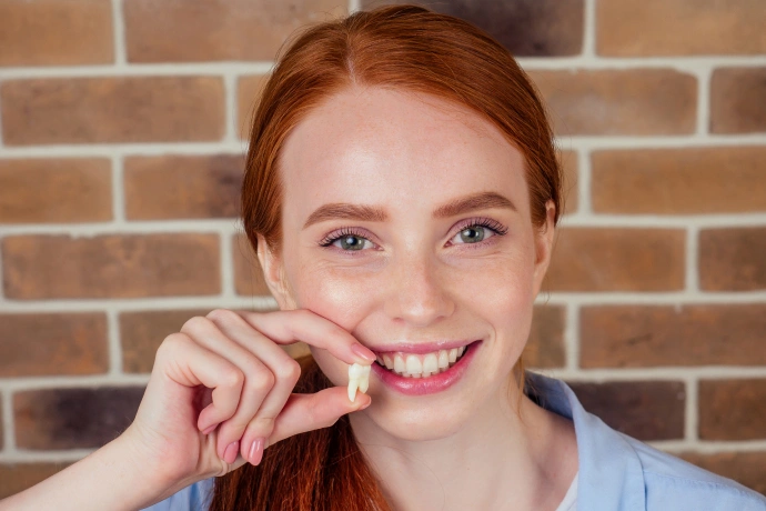 Young woman with red hair smiling at camera against brick wall background.