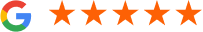 Google logo with five orange stars representing excellent customer ratings for Brown Road Dental